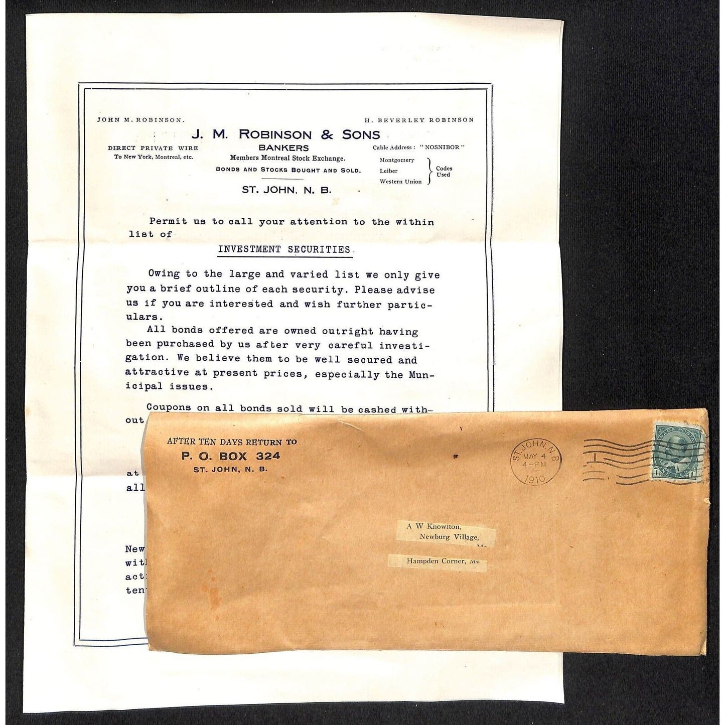 Hampden Center, ME Amos W. Knowlton* 1910 J.M. Robinson Bond Offering Sheet