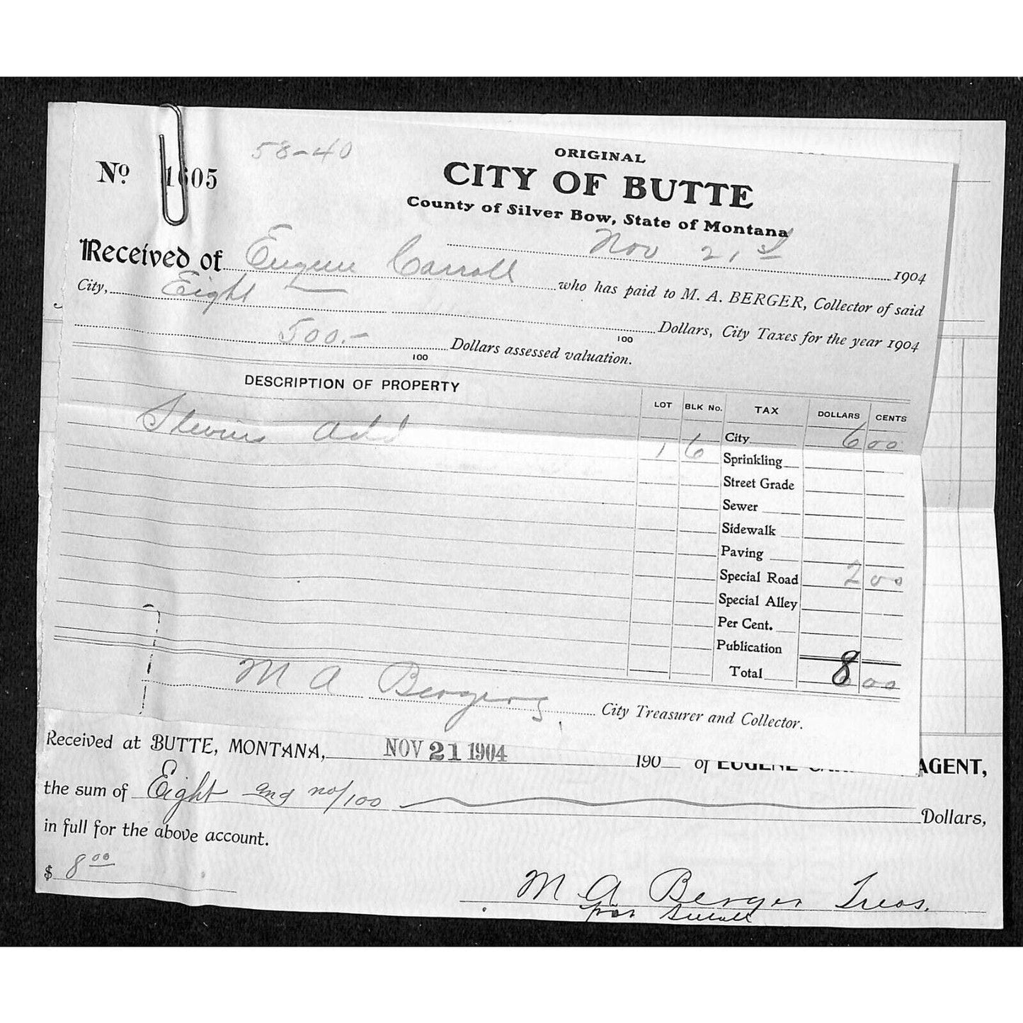 1904 Butte, MT Eugene Carroll - Silver Bow Tax Receipt
