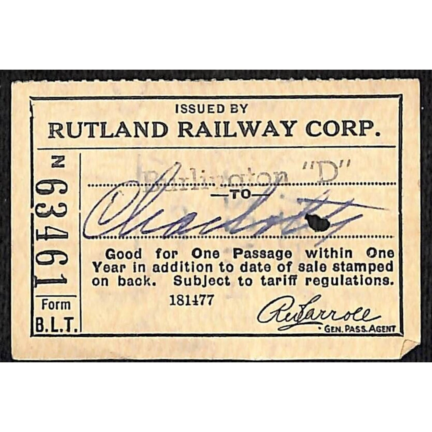 1953 Rutland Railway Ticket - Burlington "D" #63461