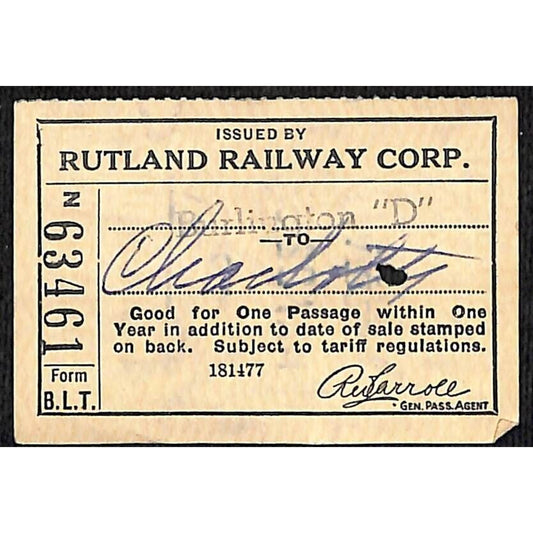 1953 Rutland Railway Ticket - Burlington "D" #63461