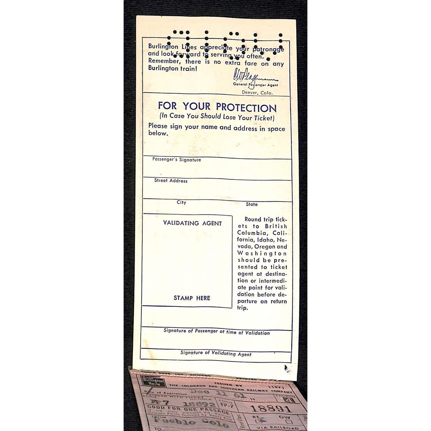 1961 Burlington Route Zephyrs Railroad Ticket Folio / Booklet Cover VGC
