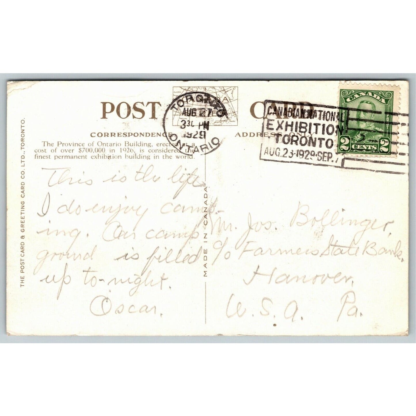 Vintage Postcard Canadian National Exposition Toronto Posted at Expo 1929 Autos