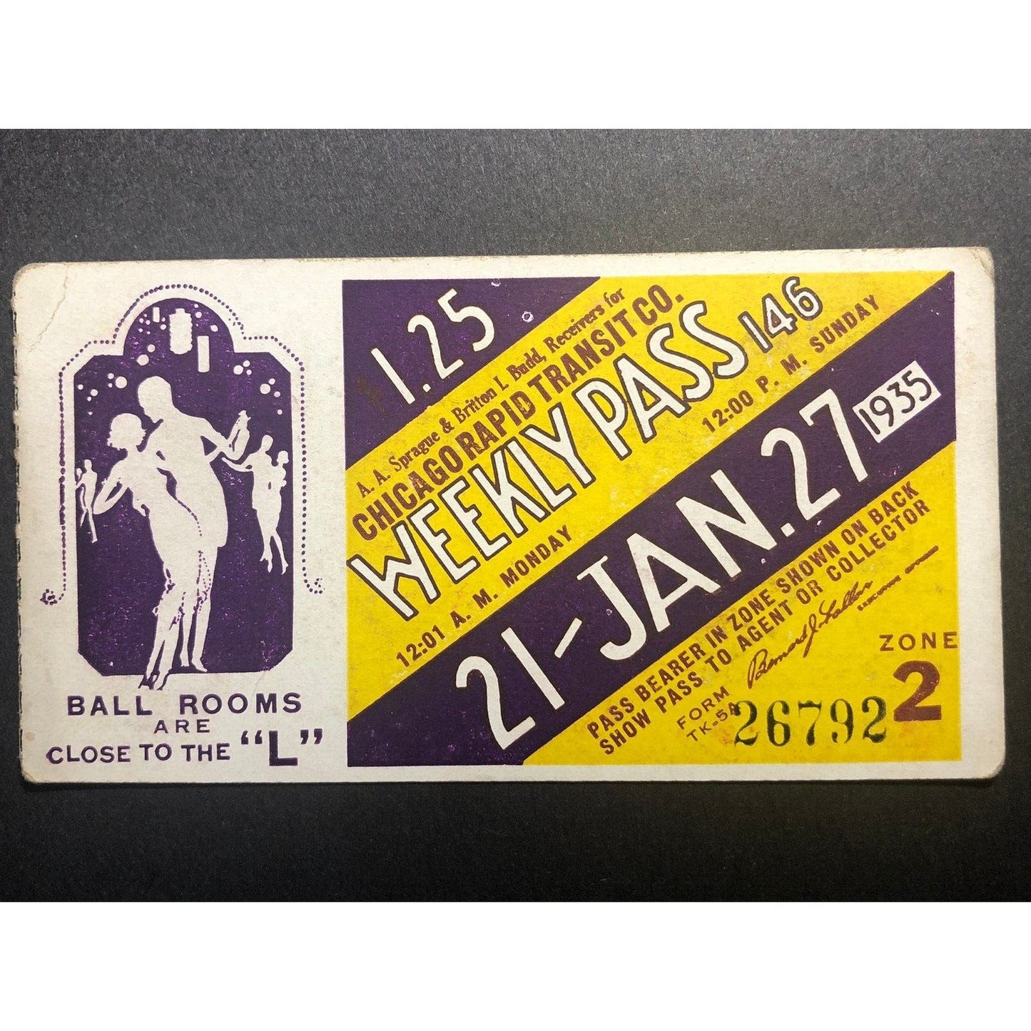 1935 Chicago Transit Authority Jan. Weekly Pass Art Deco Ball w/ Room Dancers