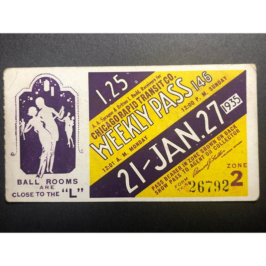 1935 Chicago Transit Authority Jan. Weekly Pass Art Deco Ball w/ Room Dancers
