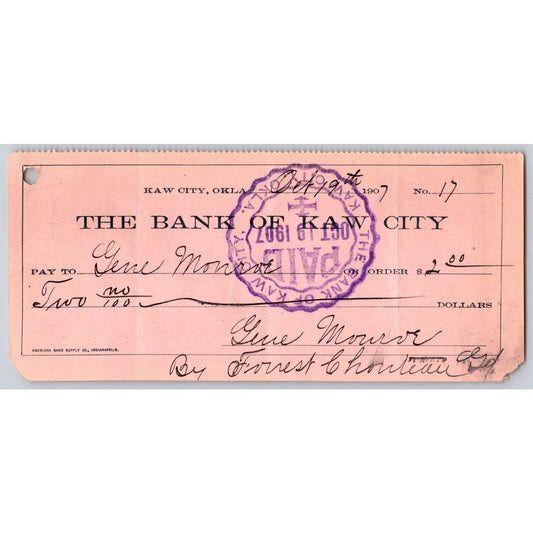 Kaw City, Oklahoma Territorial Oct. 1907 Bank Check - Scarce