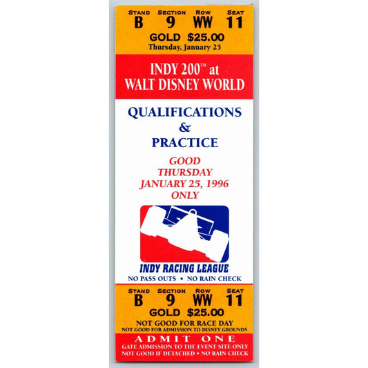 1996 Indy 200 Walt Disney World Thur Qualifications & Practice Unused Ticket #11