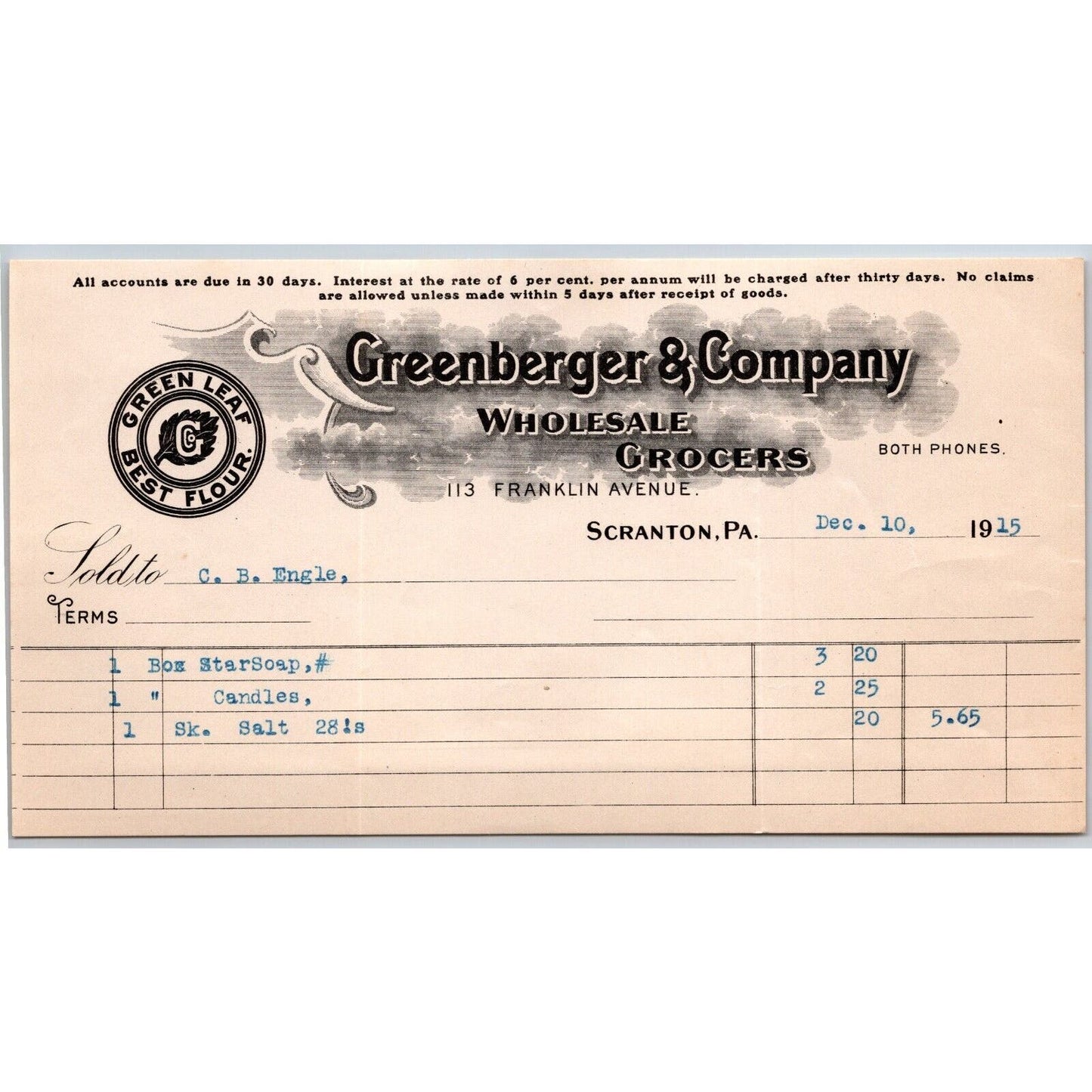 Scranton PA Greenberger & Co. Grocers 1915 "C.B. Engel" Billhead Star Soap