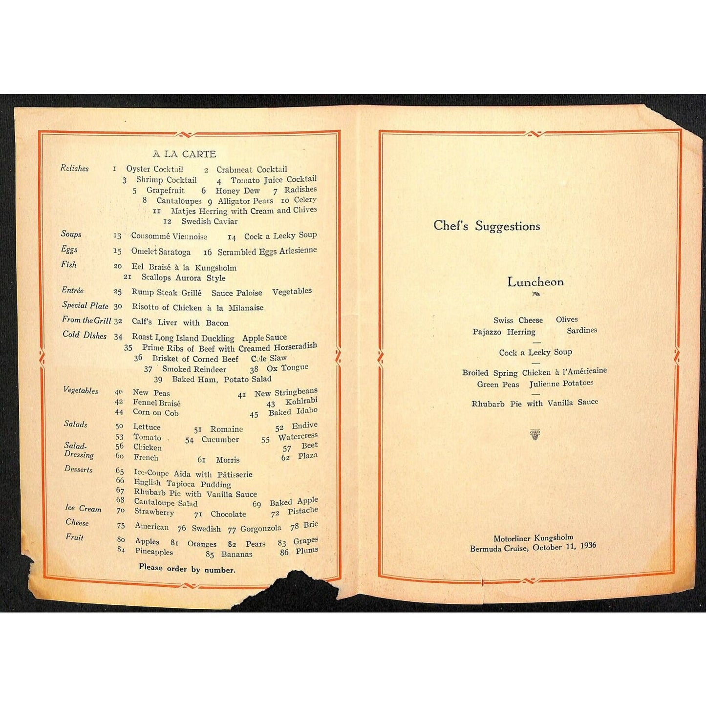 1936 Swedish American Kungsholm Bermuda Cruise Line Luncheon Menu Oct 11