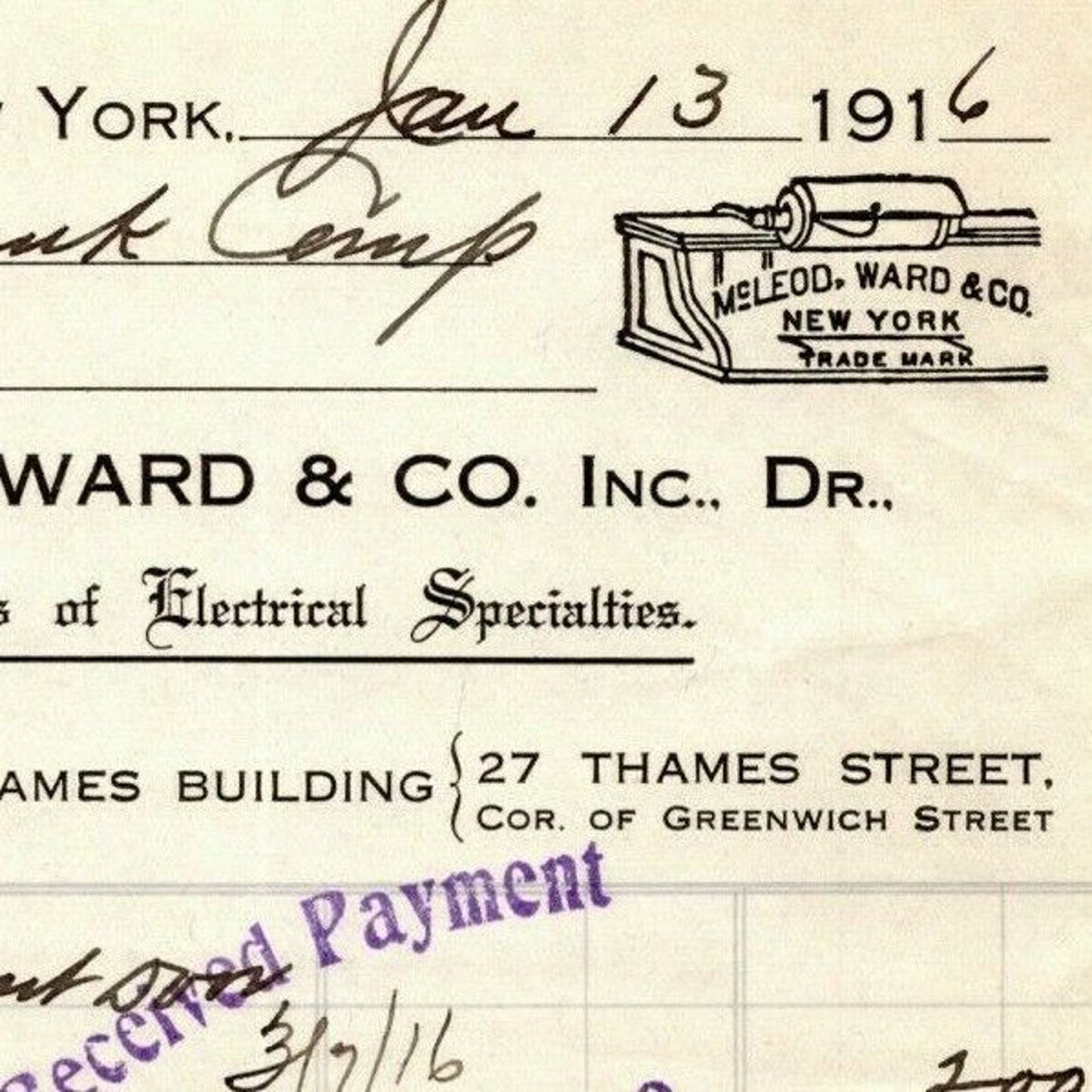 1916 McLeod, Ward & Co. Electrical Letterhead Billhead 27 Thames St. NYC