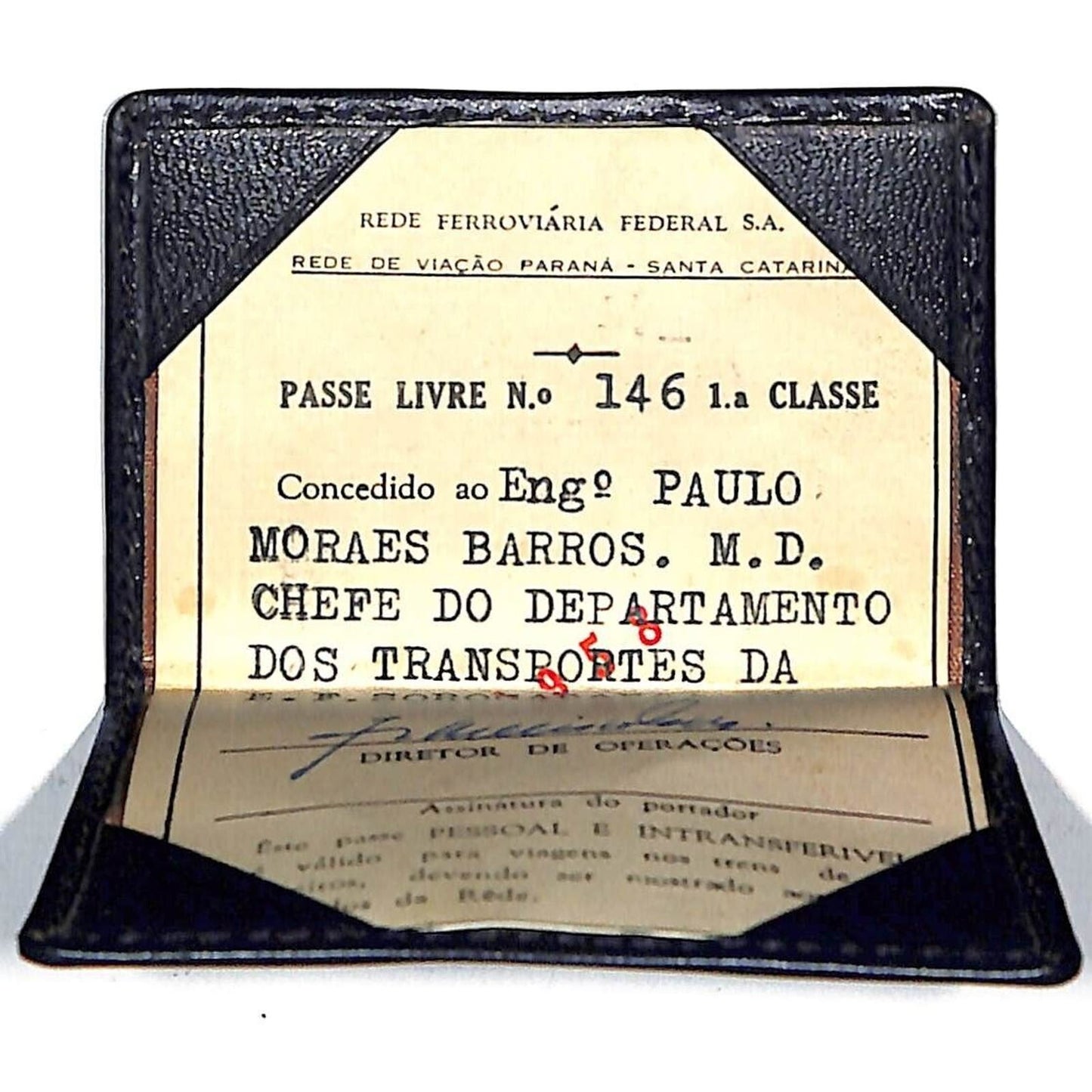 c1950's-60's RVPSC Parana and Santa Catharina Railways of Brazil Pass w/ Holder