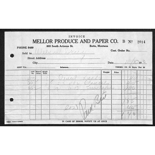 Mellor Produce & Paper Co Butte Montana 1933 Billhead Letterhead Wilson Drug