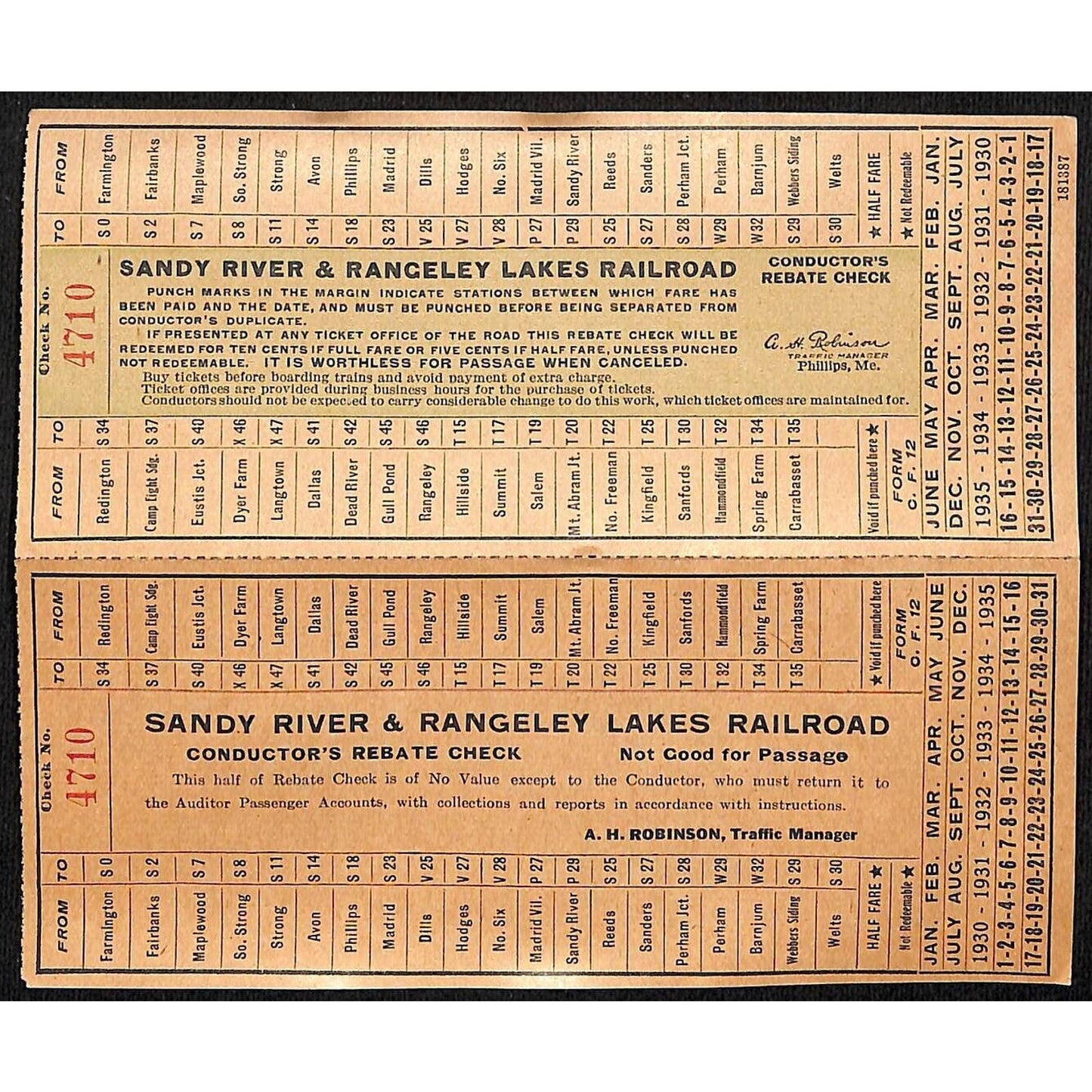 Sandy River & Rangeley Lakes Railroad 1930 Unused Ticket #4710 VGC Scarce