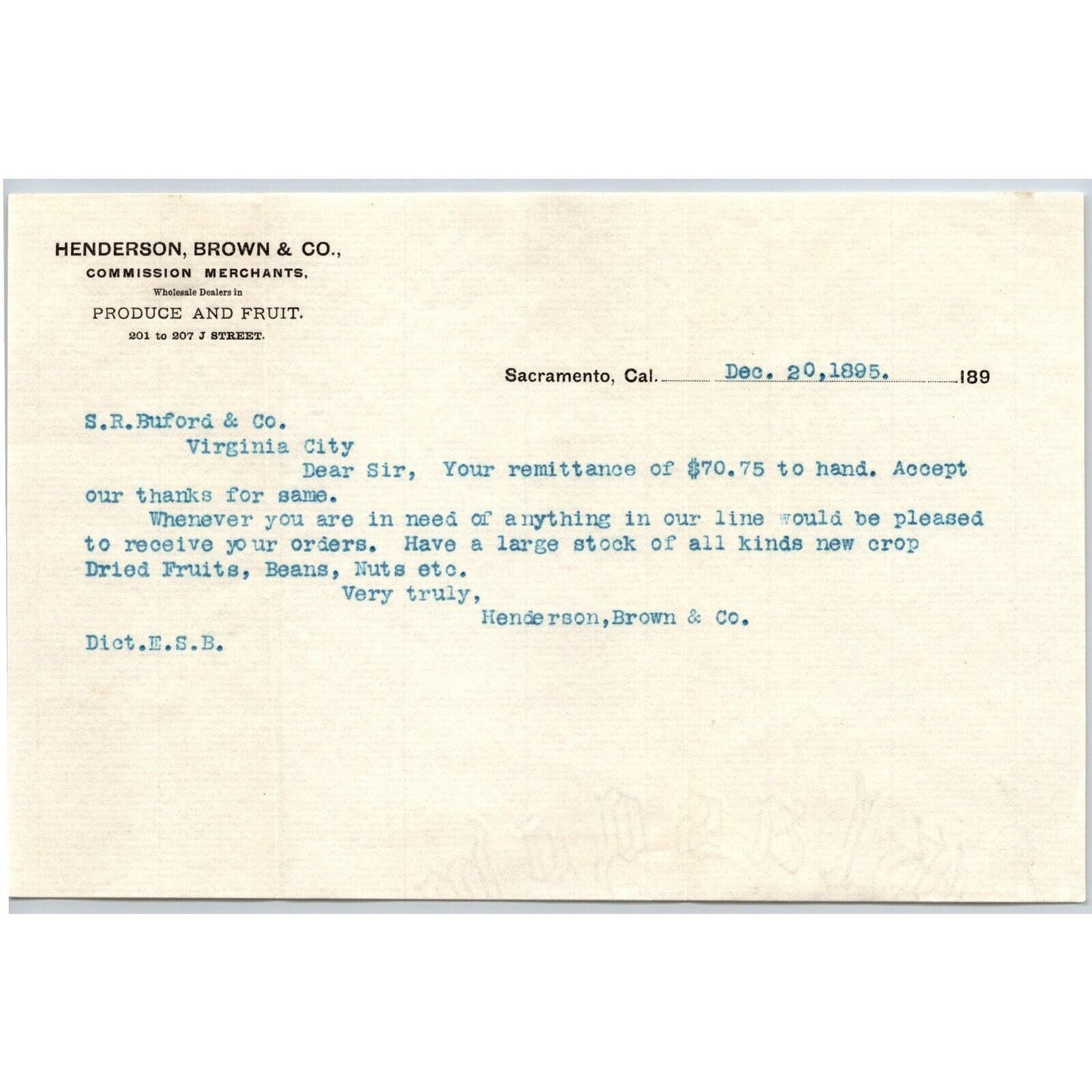 Sacramento Henderson, Brown & Co. Produce Fruit 1895 Buford Letterhead