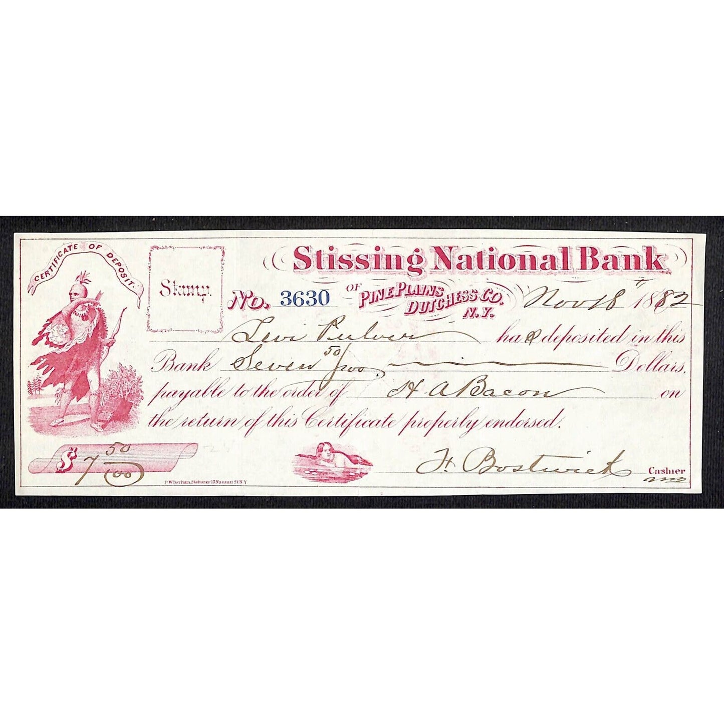 Pine Plains, NY Dutchess County Stissing National Bank Check $7.50 1882