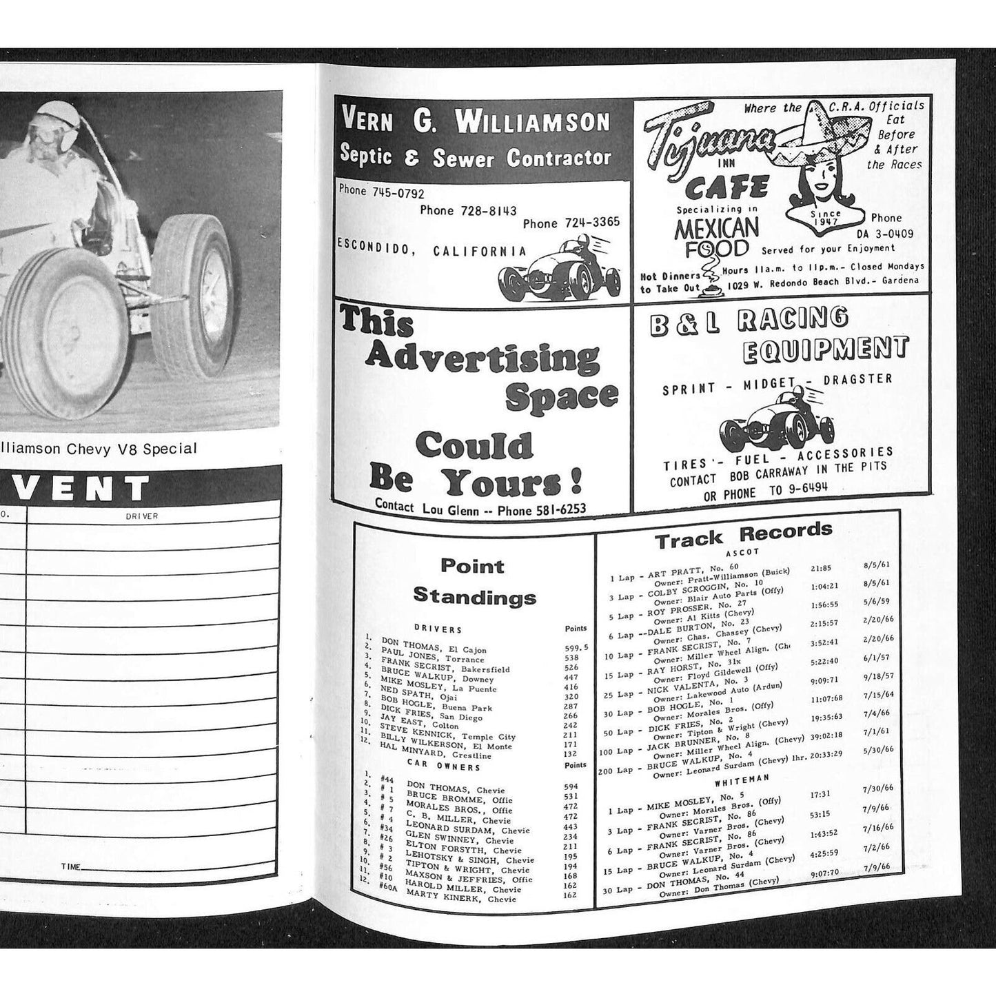 Scarce 8/6 1966 Sprint Car Auto Racing CRA Program Whiteman Speedway 16pp.