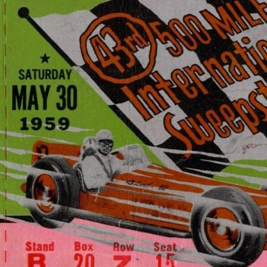 Indy 500 1959 Ticket Stub - "500 Mile Intl. Sweepstakes" $15 Adm. Seat 15