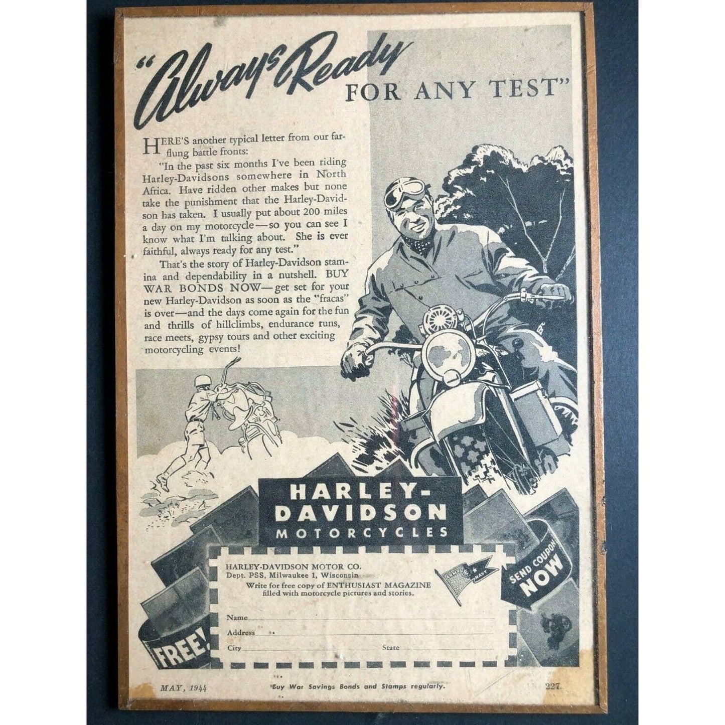 1944 Copper Foil Framed Harley Davidson Magazine Advertising 6" x 8 3/4"