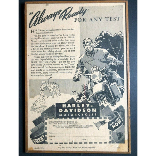 1944 Copper Foil Framed Harley Davidson Magazine Advertising 6" x 8 3/4"