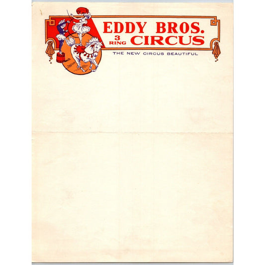 Eddy Bros. 3 Ring Circus Letterhead c1937 "The New Circus Beautiful" Scarce
