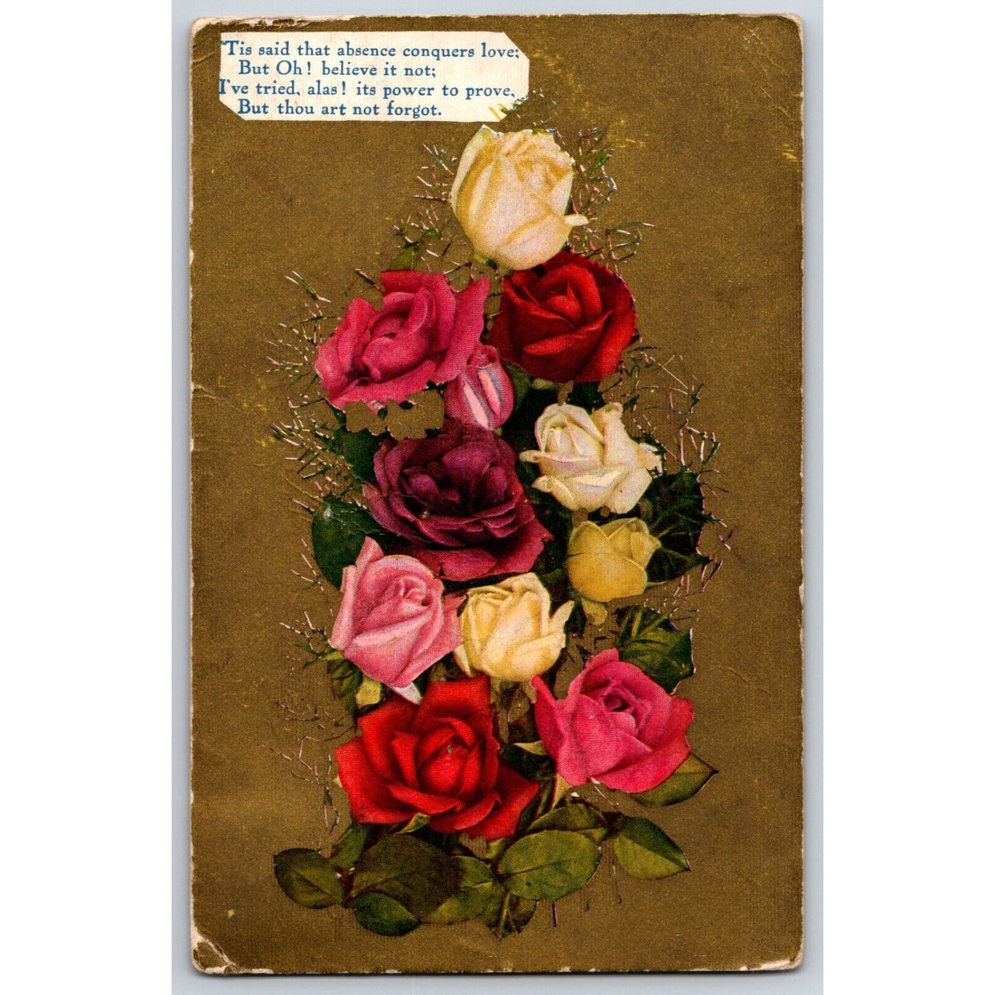 Romantic Postcard w/ Many Colored Roses & Poem - Gilt / Gold Background PM 1910
