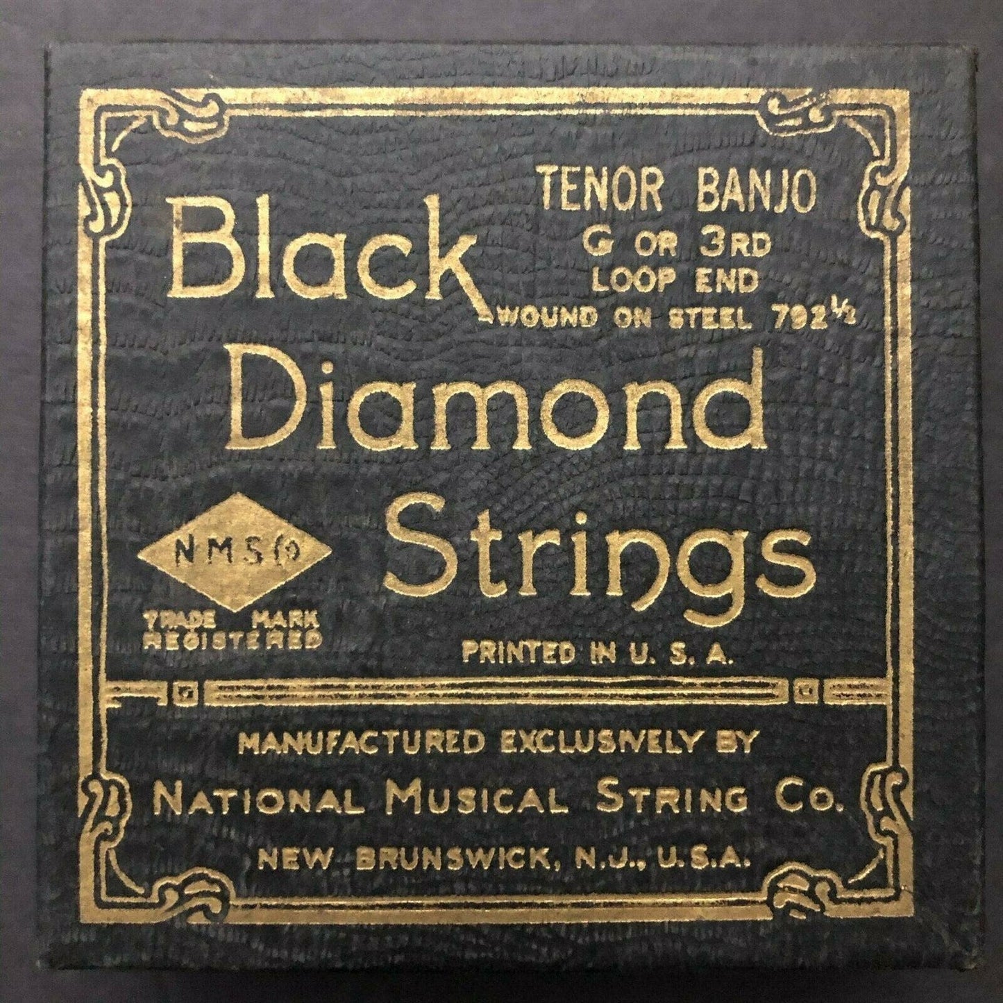 Vintage Empty Black Diamond Banjo String Box Texture + Gilt Text Faux Alligator?