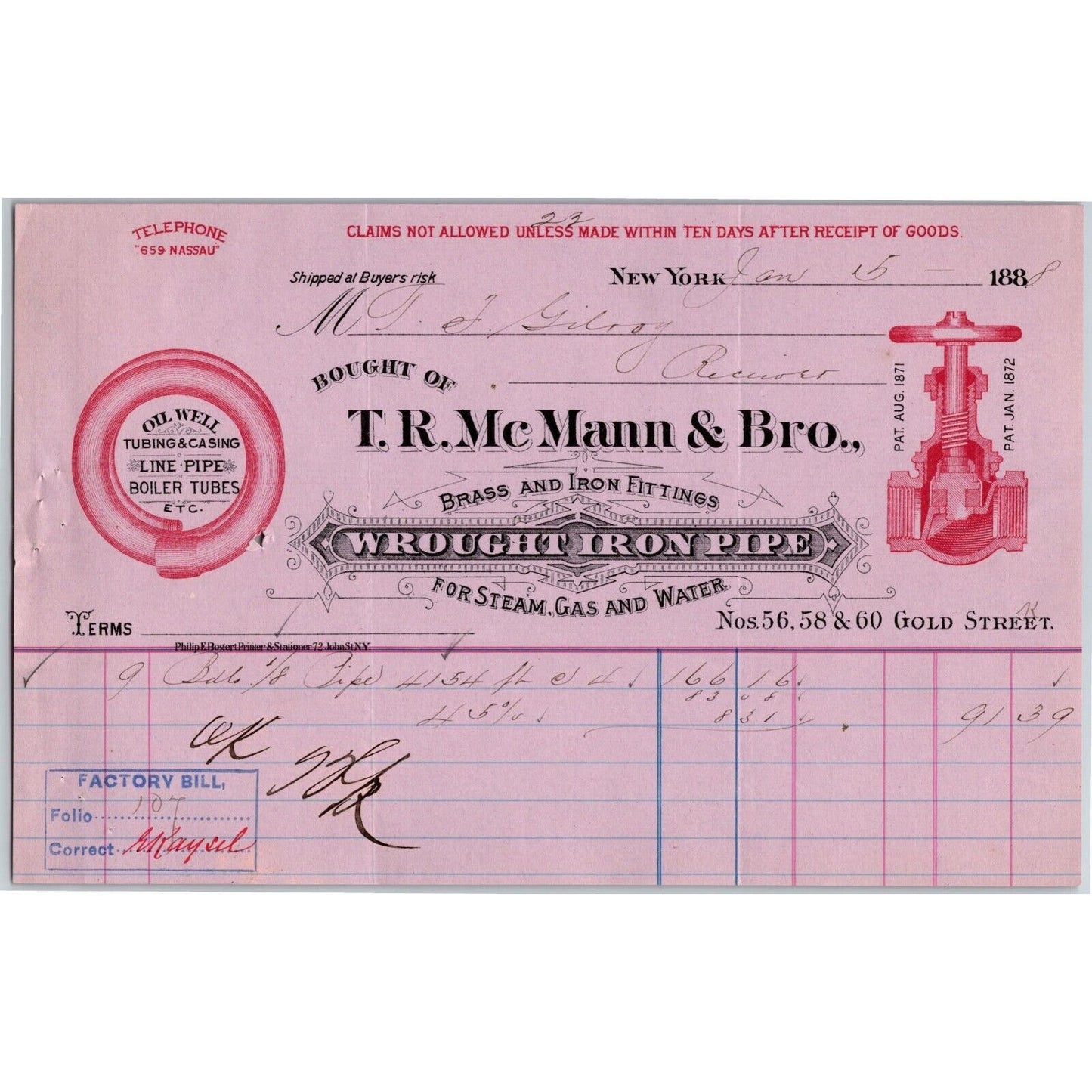 1888 "T. R. Mc Mann & Bros., Wrought Iron Pipe" Billhead Letterhead Gold St, NYC