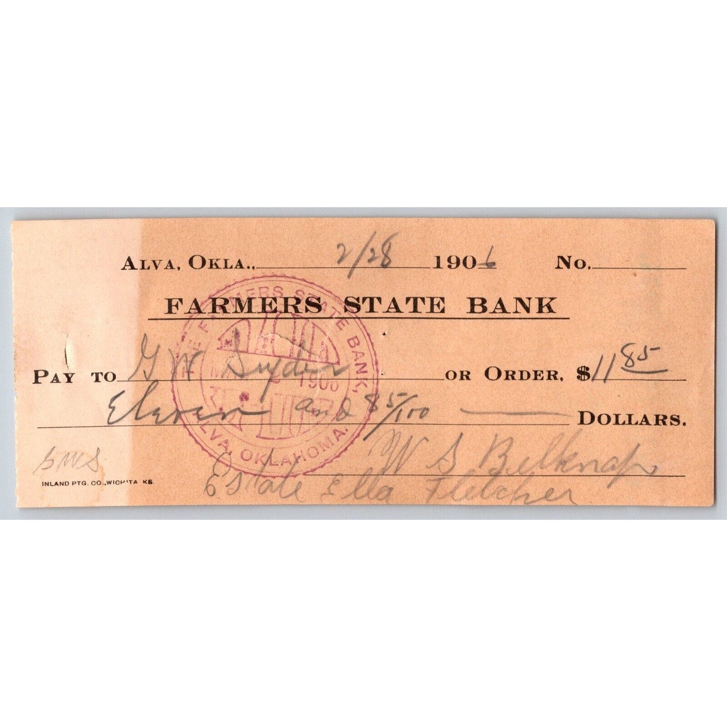 Alva, OK 1906 Territorial Farmers State Bank Check - Scarce