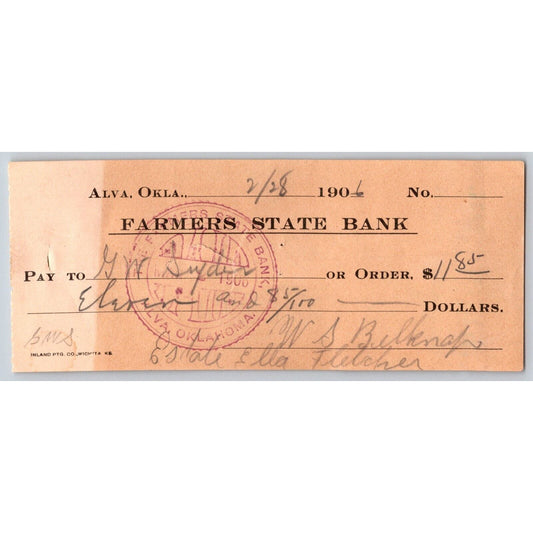 Alva, OK 1906 Territorial Farmers State Bank Check - Scarce