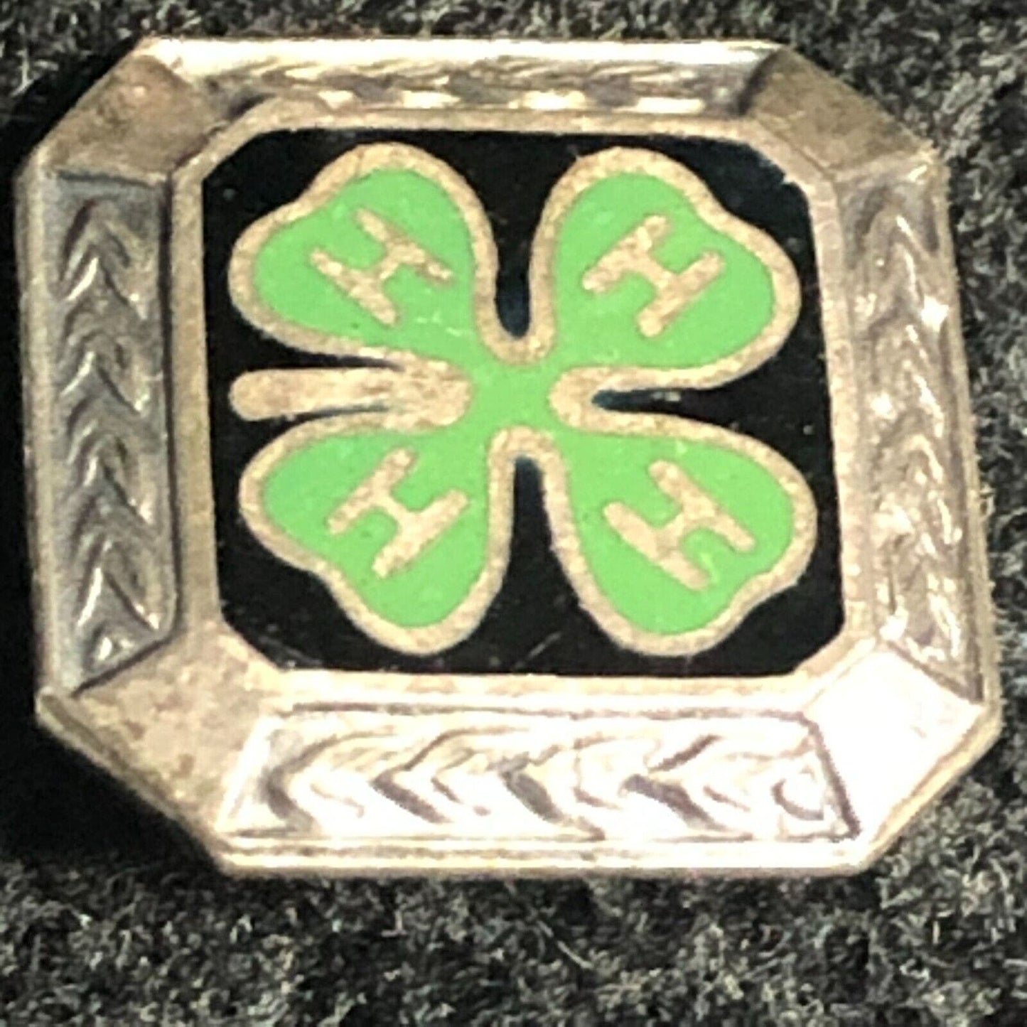 Vintage 4-H Green Four Leaf Clover Enameled Pinback Lapel Pin - Sterling