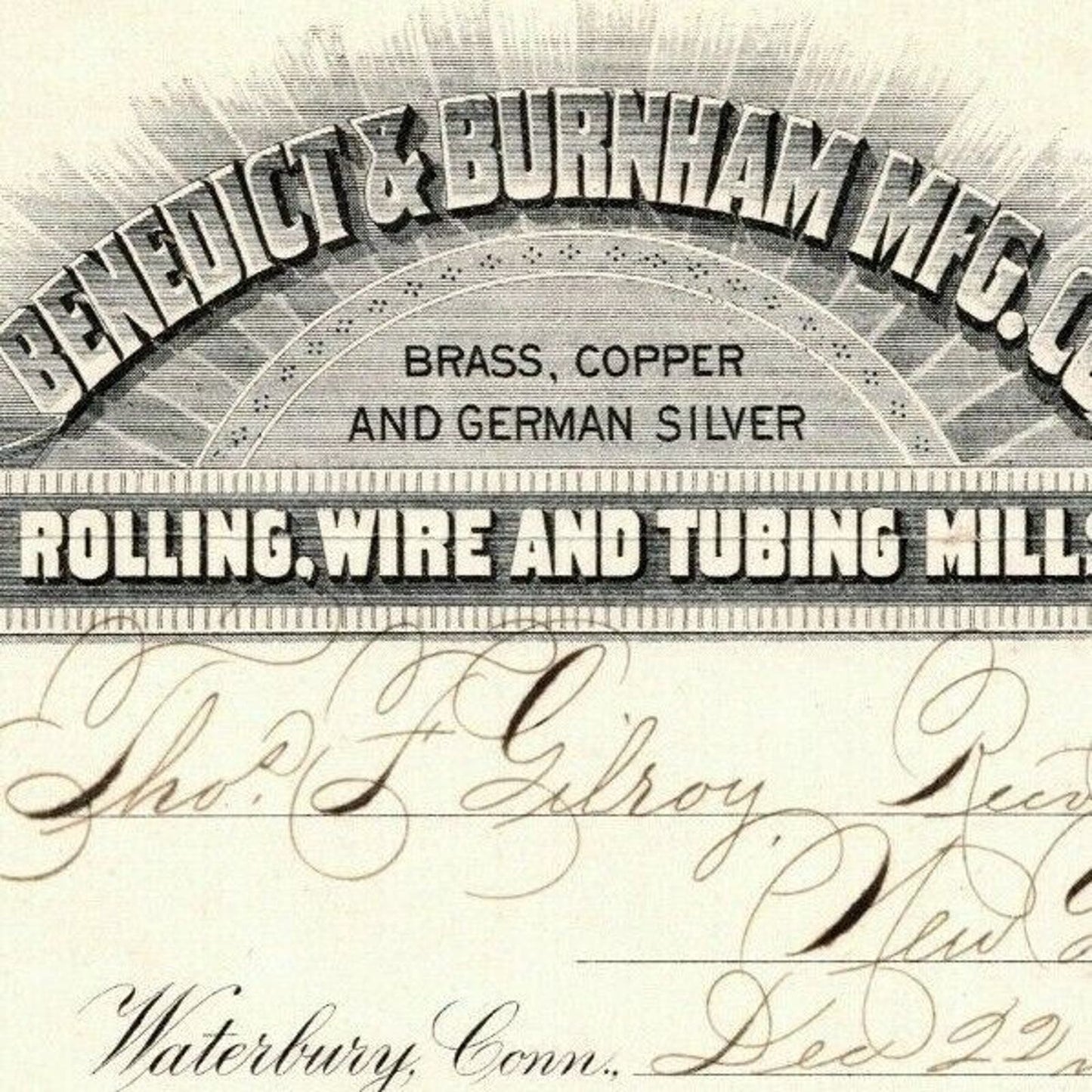 1887 "Benedict & Burnham Mfg. Co" Silver Billhead Letterhead Waterbury - CONN