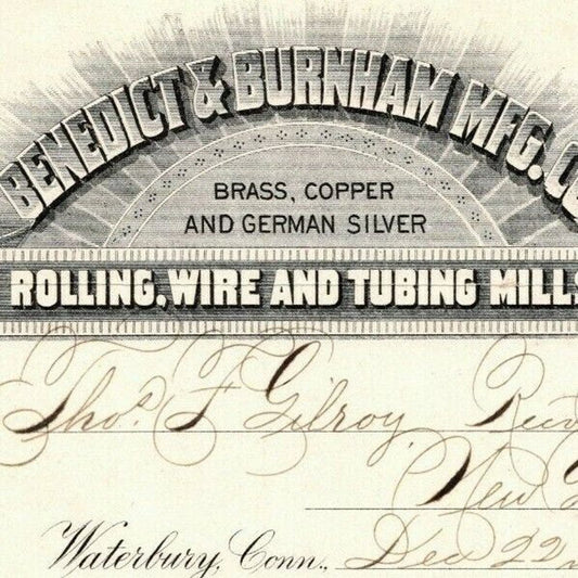 1887 "Benedict & Burnham Mfg. Co" Silver Billhead Letterhead Waterbury - CONN
