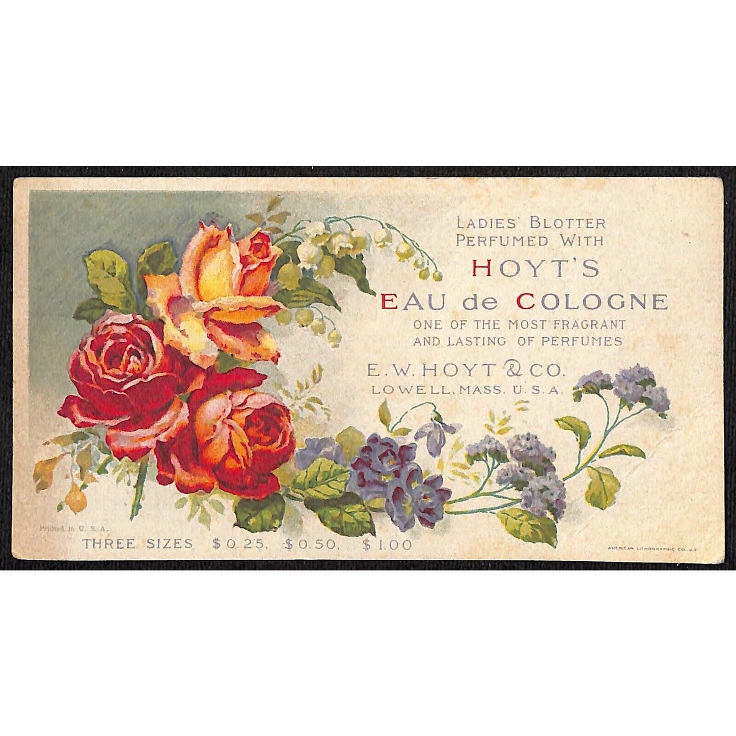 Hoyt's Eau de Cologne Lowell, MASS Roses Advertising Ink Blotter c1910's-20's