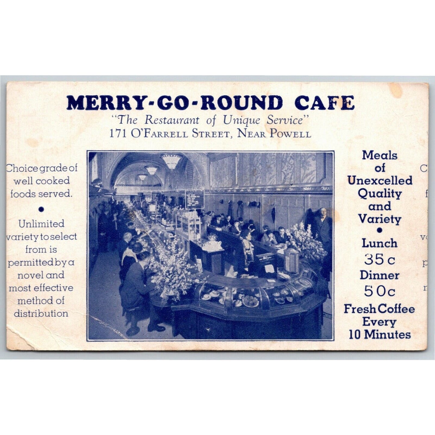 Vintage Postcard Merry-Go-Round Cafe San Francisco "Fresh Coffee Every 10 Mins"