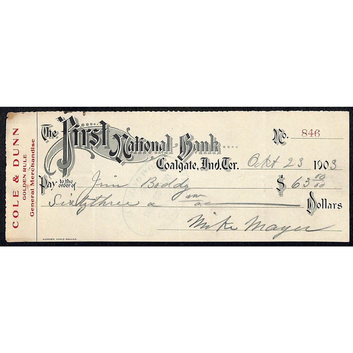 Coalgate, OK 1903 Indian Territory Cole & Dunn General Merch. FNB Check - Scarce