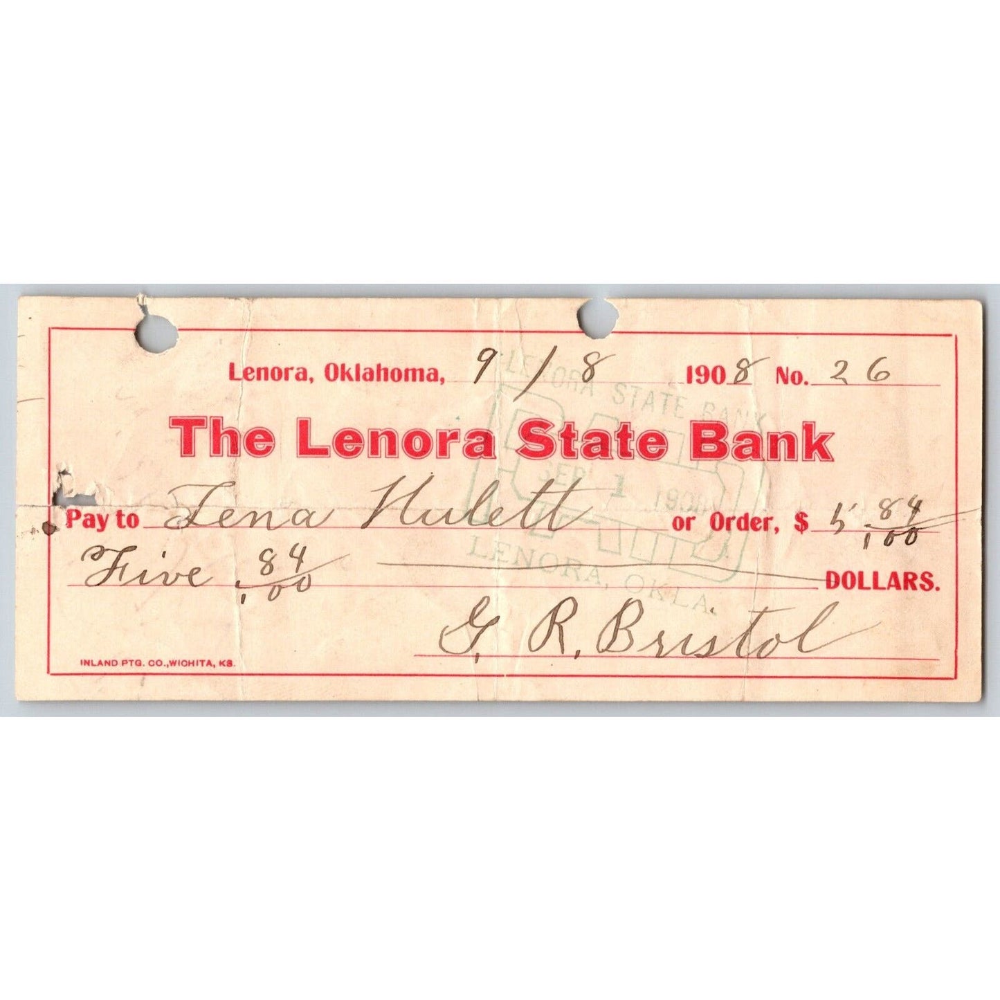Lenora, Oklahoma 1908 "The Lenora State Bank" Check - Scarce
