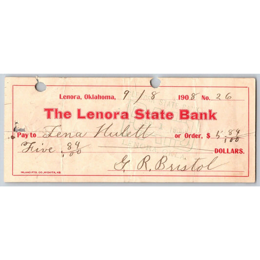 Lenora, Oklahoma 1908 "The Lenora State Bank" Check - Scarce