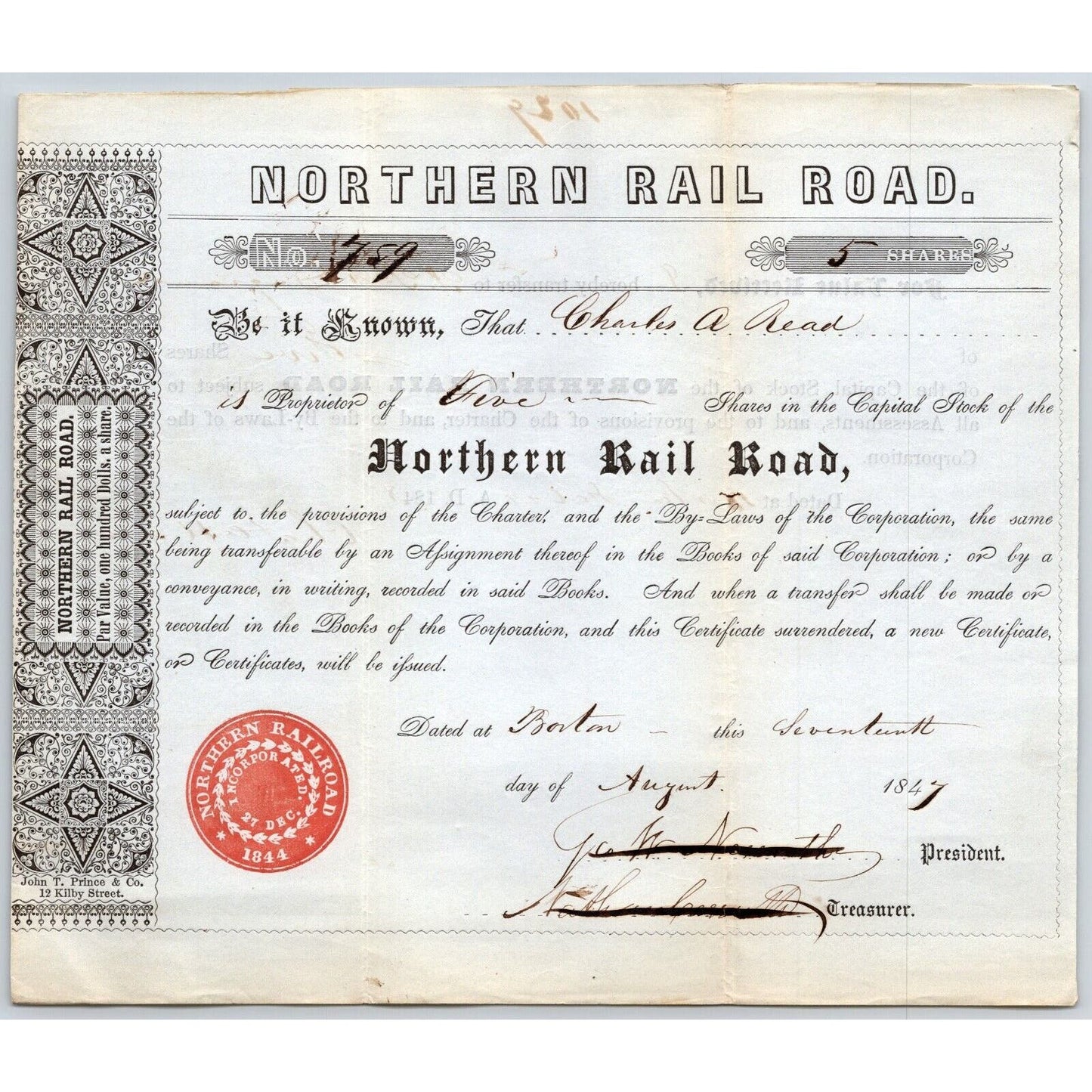 1847 Boston, MA Northern Railroad Stock Certificate No. 759 for 5 Shares