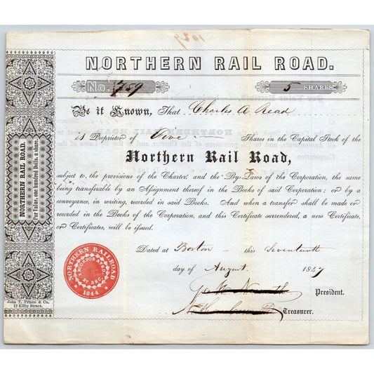 1847 Boston, MA Northern Railroad Stock Certificate No. 759 for 5 Shares
