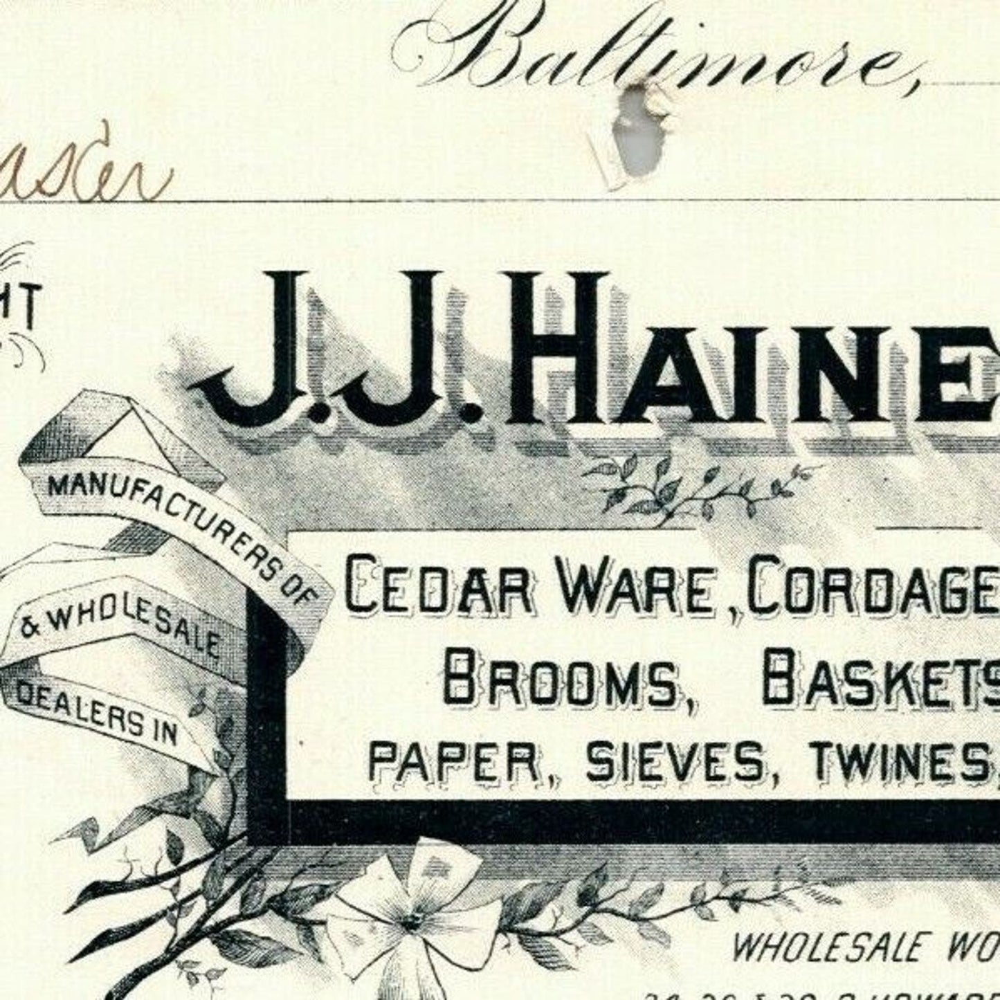 1897 Letterhead Billhead J.J. Haines Baskets Mats Baltimore Ephraim Baker*