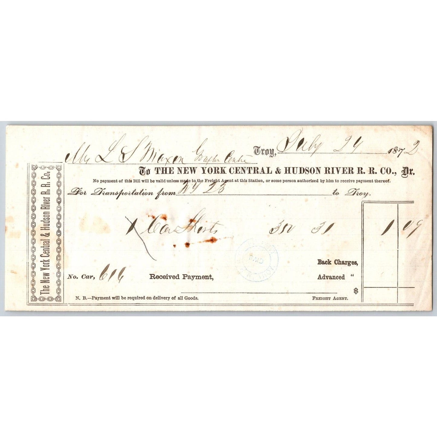 New York Central and Hudson River Railroad 1872 Freight Receipt to Troy - Scarce