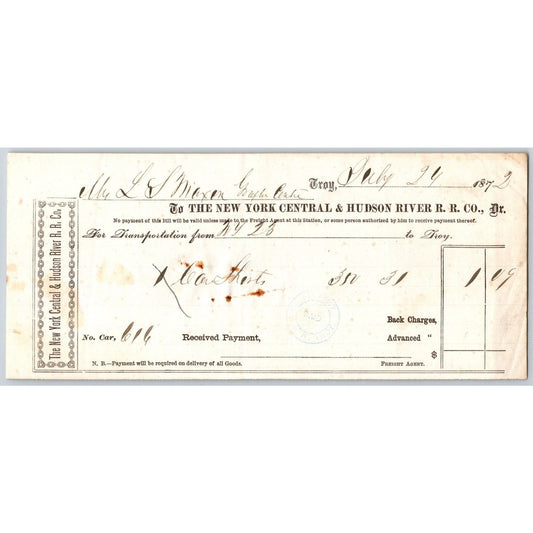 New York Central and Hudson River Railroad 1872 Freight Receipt to Troy - Scarce
