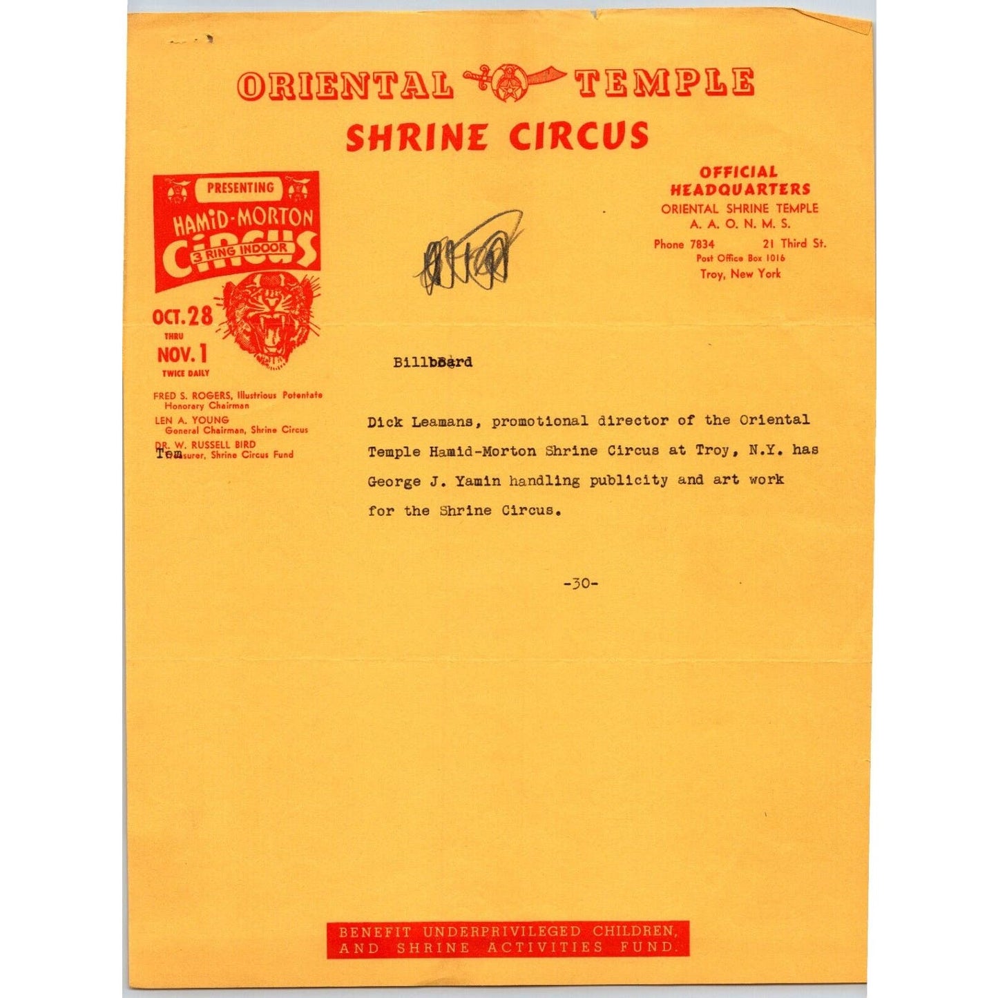 Oriental Temple Shrine Hamid Morton Circus Letterhead c1960's