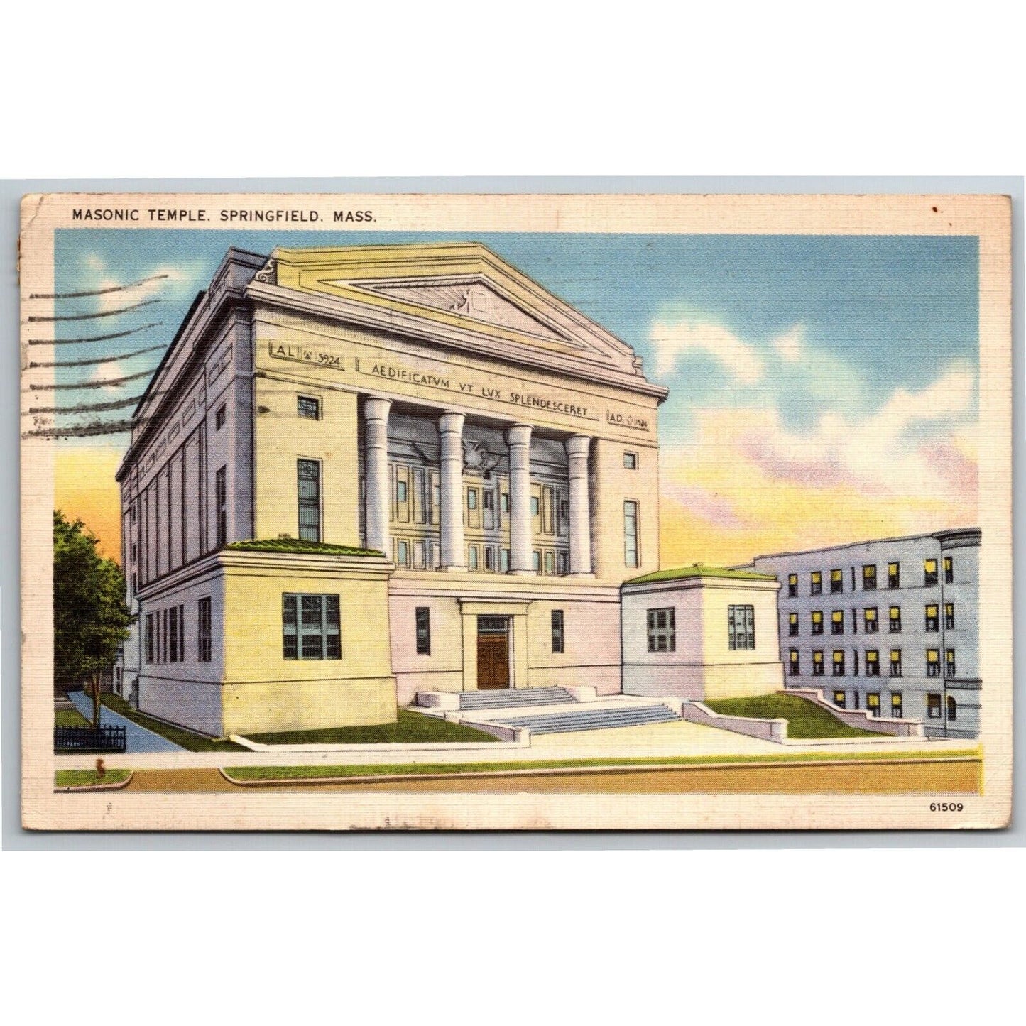 Vintage Linen Postcard Masonic Temple, Springfield, MASS - Posted 1937