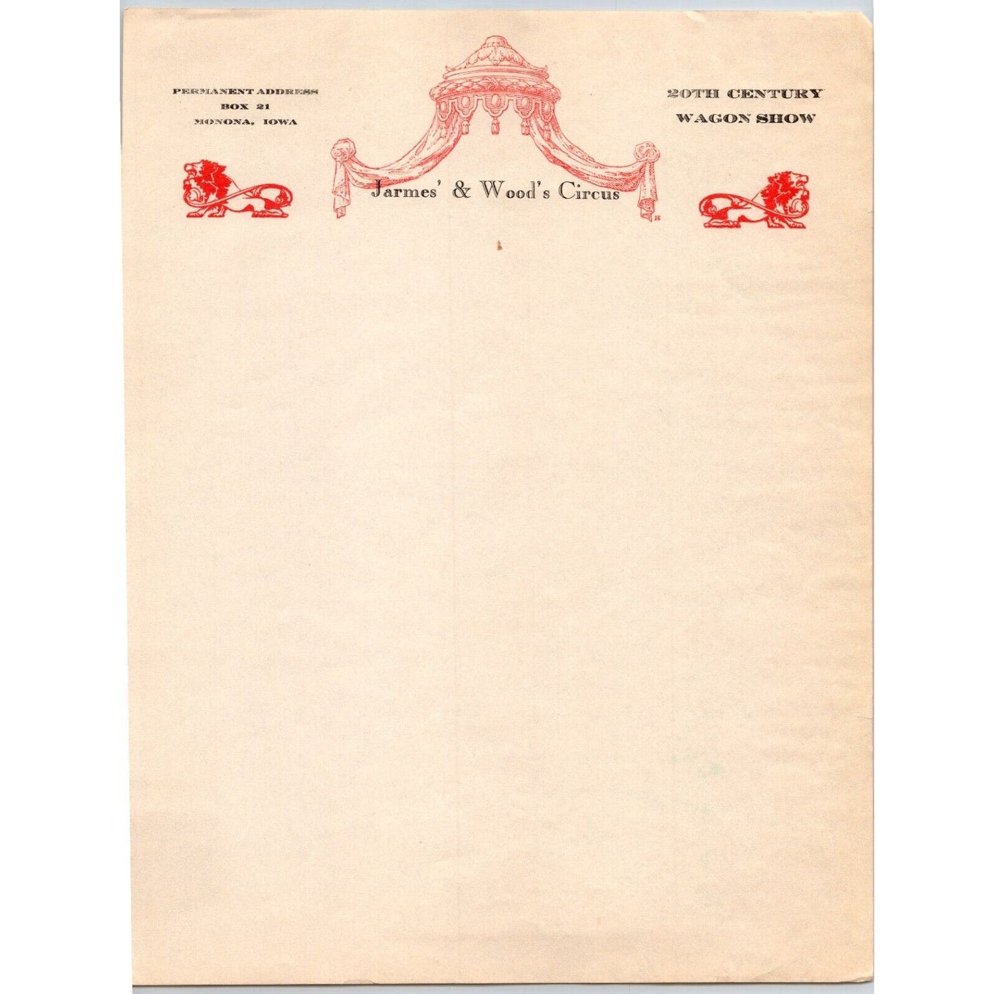 Jarmes' & Wood's Circus Letterhead c1940's "20th Century Wagon Show" Very Scarce