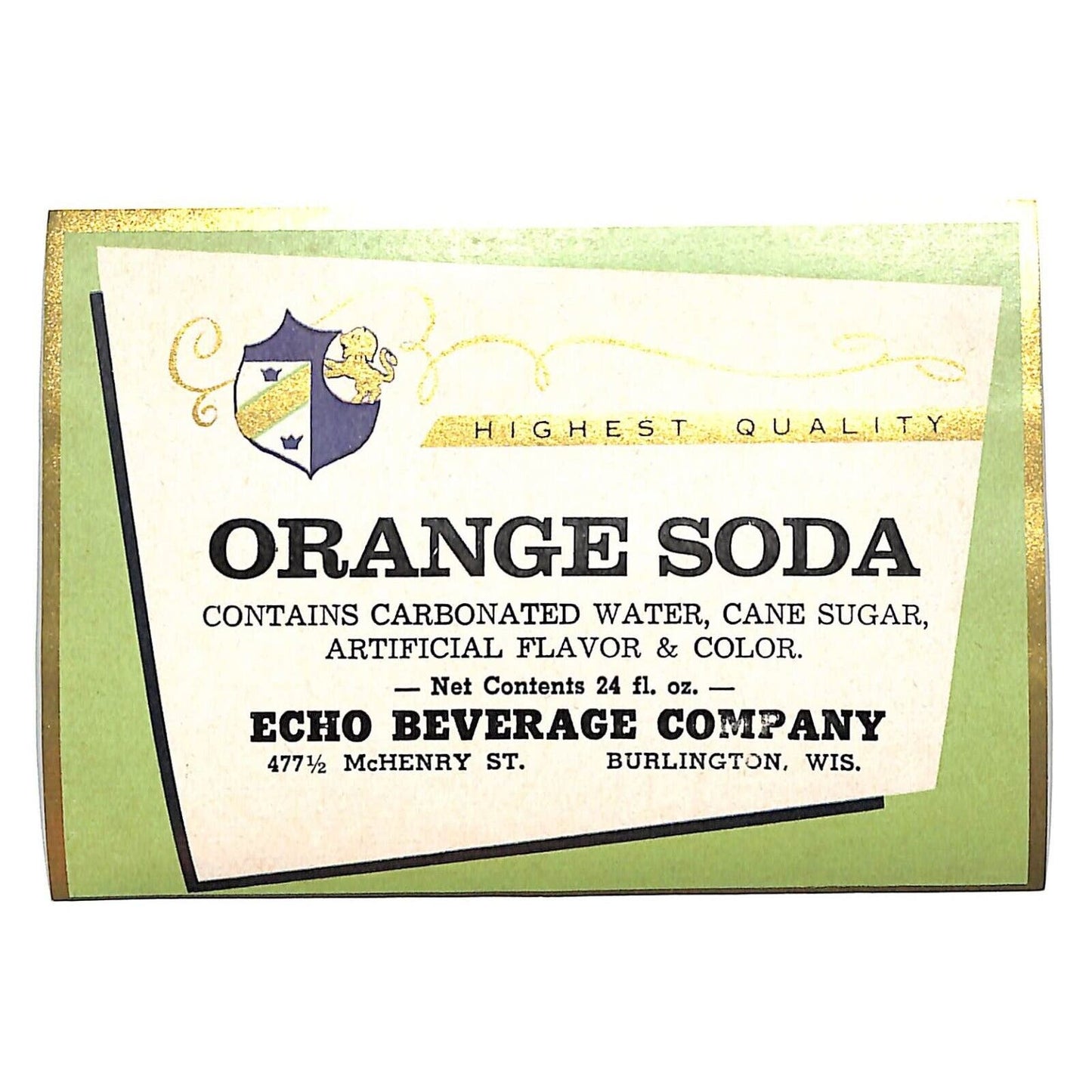 Echo Beverage Orange Soda Paper Label Burlington, WI c1940's-50's VGC Scarce