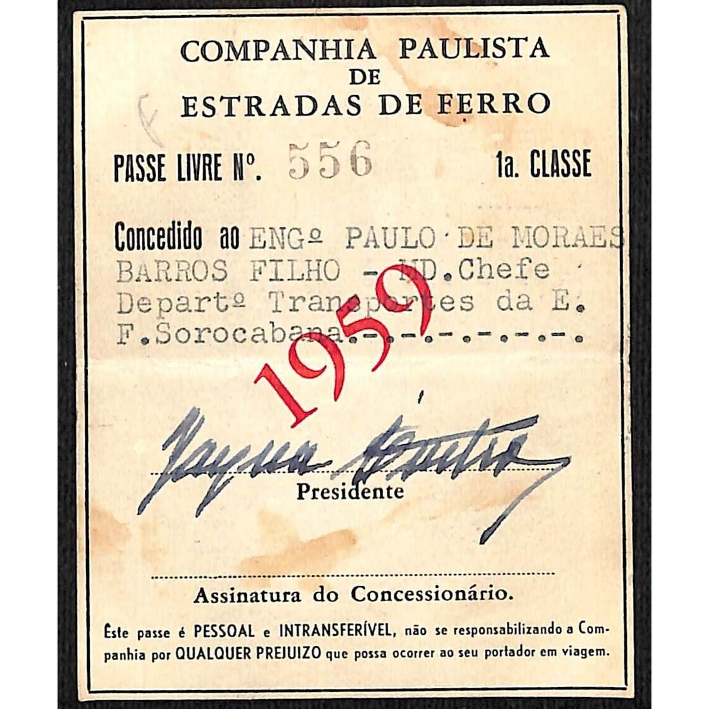 1959 São Paulo Railroad Company First Class Pass / Ticket