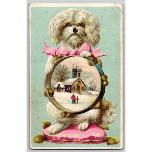 Lion Coffee Toledo, OH Victorian Trade Card Dog on Pillow Holds Tambourine