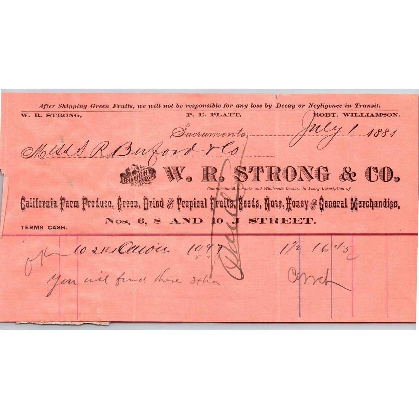1881 W.R. Strong & Co. Farm Produce Sacramento Letterhead S.R. Buford Montana