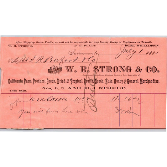 1881 W.R. Strong & Co. Farm Produce Sacramento Letterhead S.R. Buford Montana