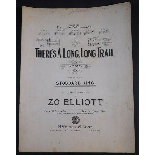 WWI Sheet Music - "There's A Long, Long Trail" Zo Elliott